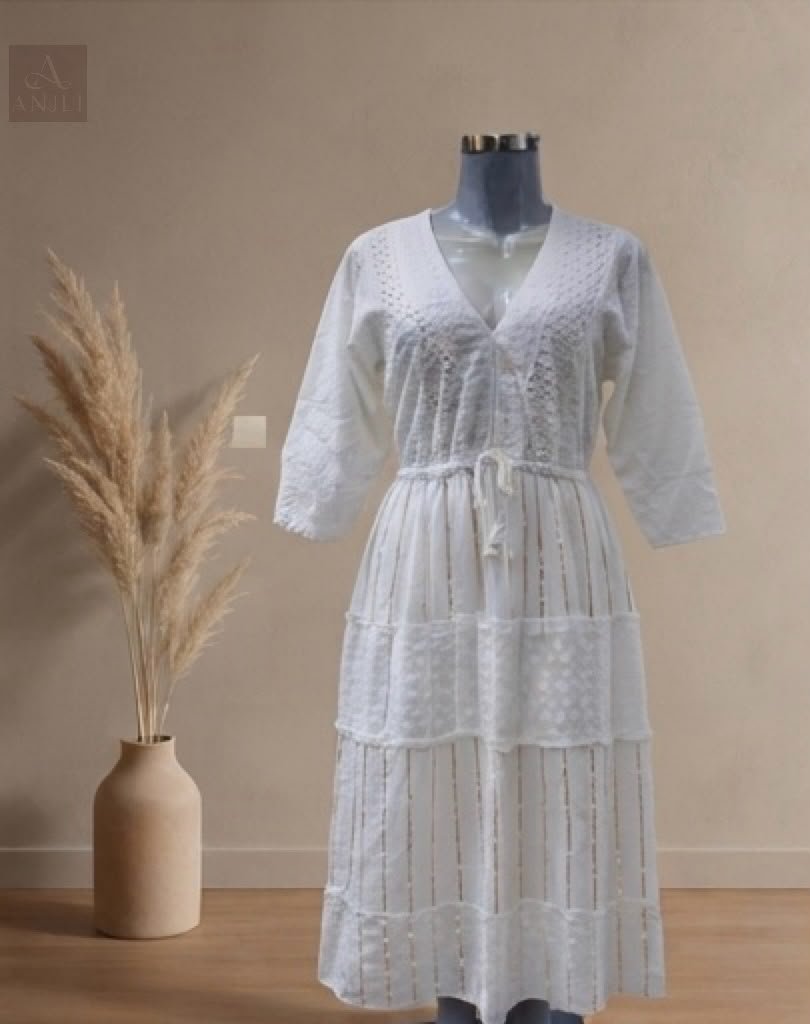 Cotton White Layered Embroidered Long Dress
