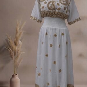 Cotton Ivory Gold Embroidered Maxi Dress