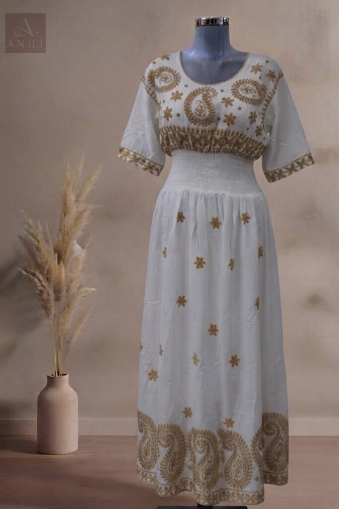 Cotton Ivory Gold Embroidered Maxi Dress