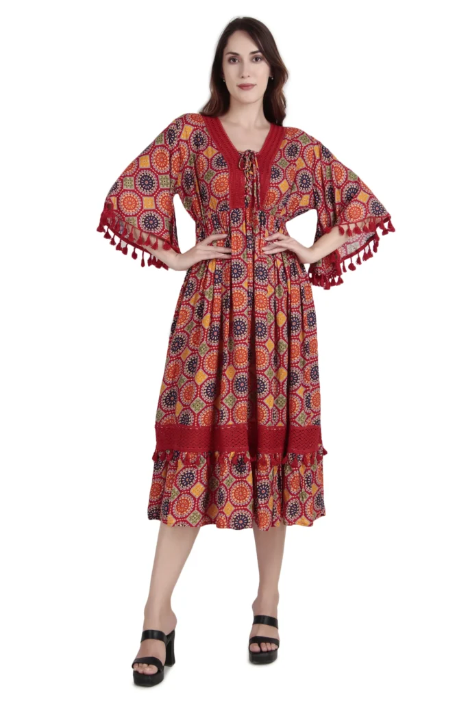Rayon Printed Maxi Dress with Lace