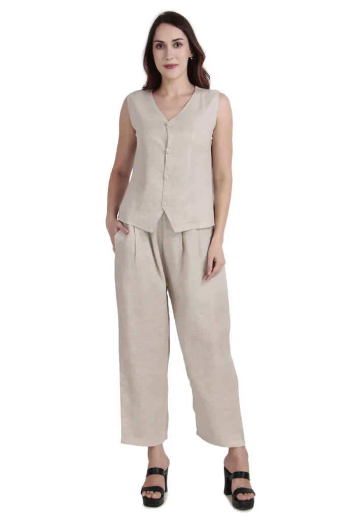 Beige Linen Sleeveless Pants Set