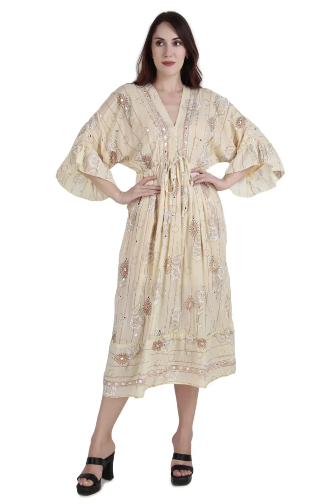 Beige Printed Midi Dress
