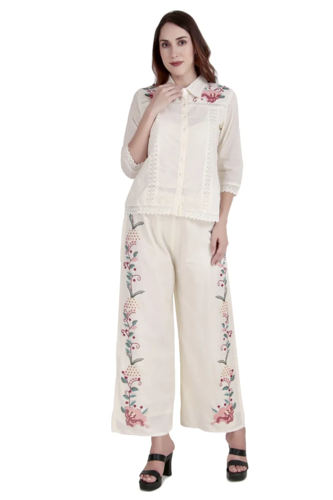 Cream Floral Embroidered Pants Set